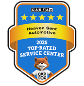 CARFAX Top-Rated Service Center award badge for Heaven Sent Automotive, featuring a fox mascot and gold stars. | Heaven Sent Automotive