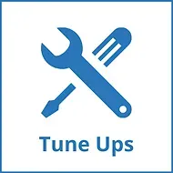 Blue wrench, screwdriver, and spark plug icon with 