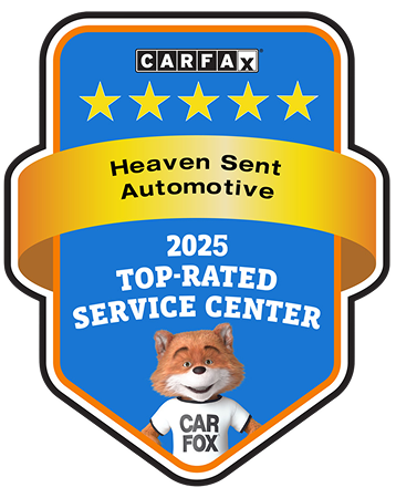 CARFAX 2025 Top-Rated Service Center award badge for Heaven Sent Automotive featuring the Car Fox mascot.  | Heaven Sent Automotive
