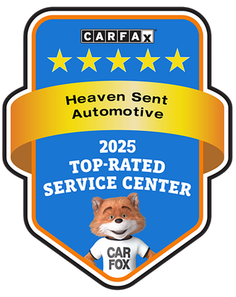 CARFAX 2025 Top-Rated Service Center award badge for Heaven Sent Automotive featuring the Car Fox mascot. | Heaven Sent Automotive