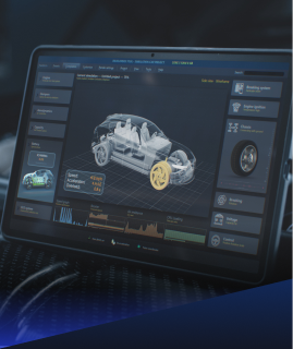 Tablet screen displaying a real-time 3D vehicle diagnostic interface with performance data, chassis layout, and tire status.  | Heaven Sent Automotive