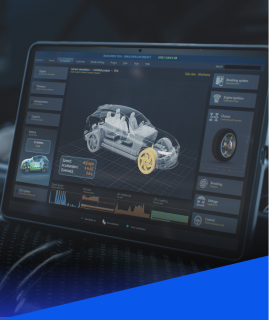 Tablet screen displaying a real-time 3D vehicle diagnostic interface with performance data, chassis layout, and tire status.  | Heaven Sent Automotive