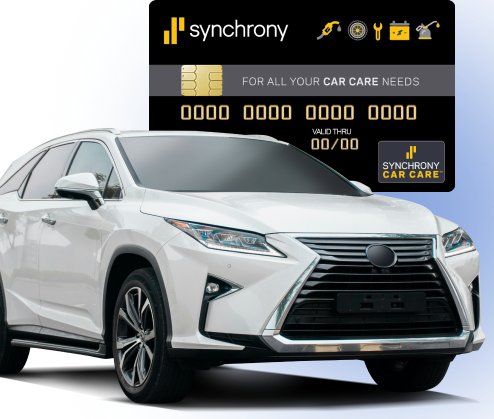 A white SUV parked in front of a black Synchrony Car Care credit card. | Heaven Sent Automotive