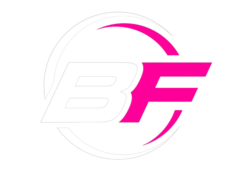 A pink and white logo with the letter f in a circle.