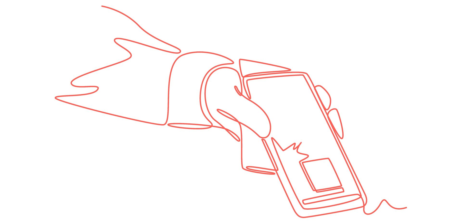 Hand holding a smartphone, outlined in red, with an open app on the screen.