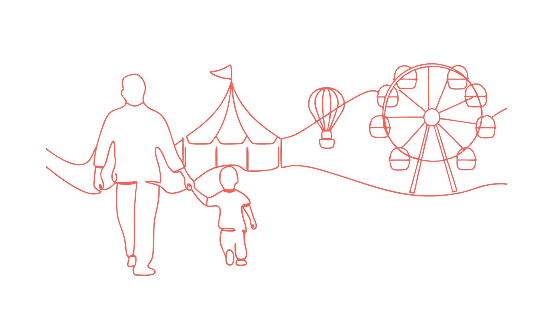 Father and child at a carnival. Tent, Ferris wheel, and hot air balloon.