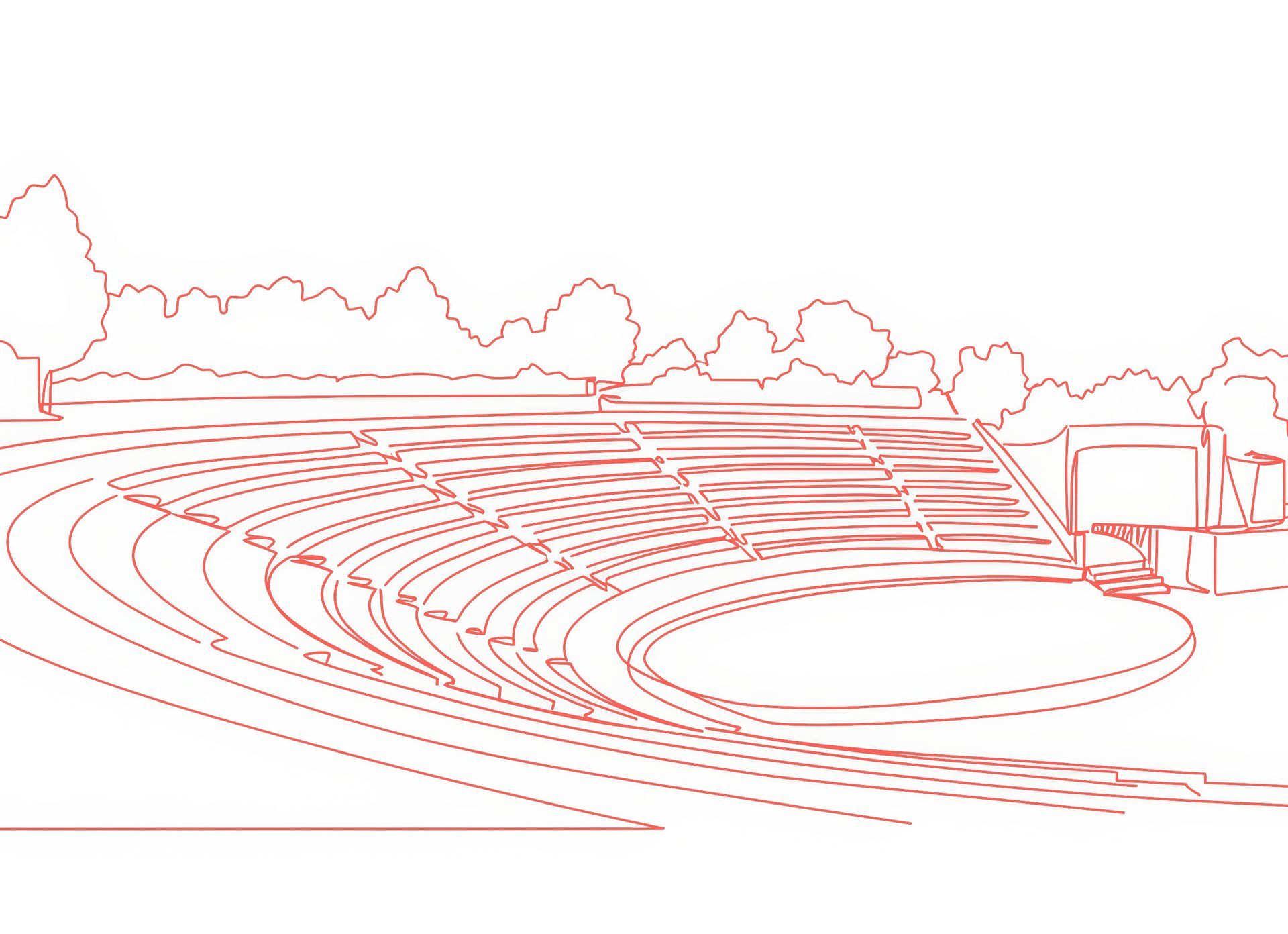Red outline of an outdoor stadium with bleachers, track, and trees in the background.