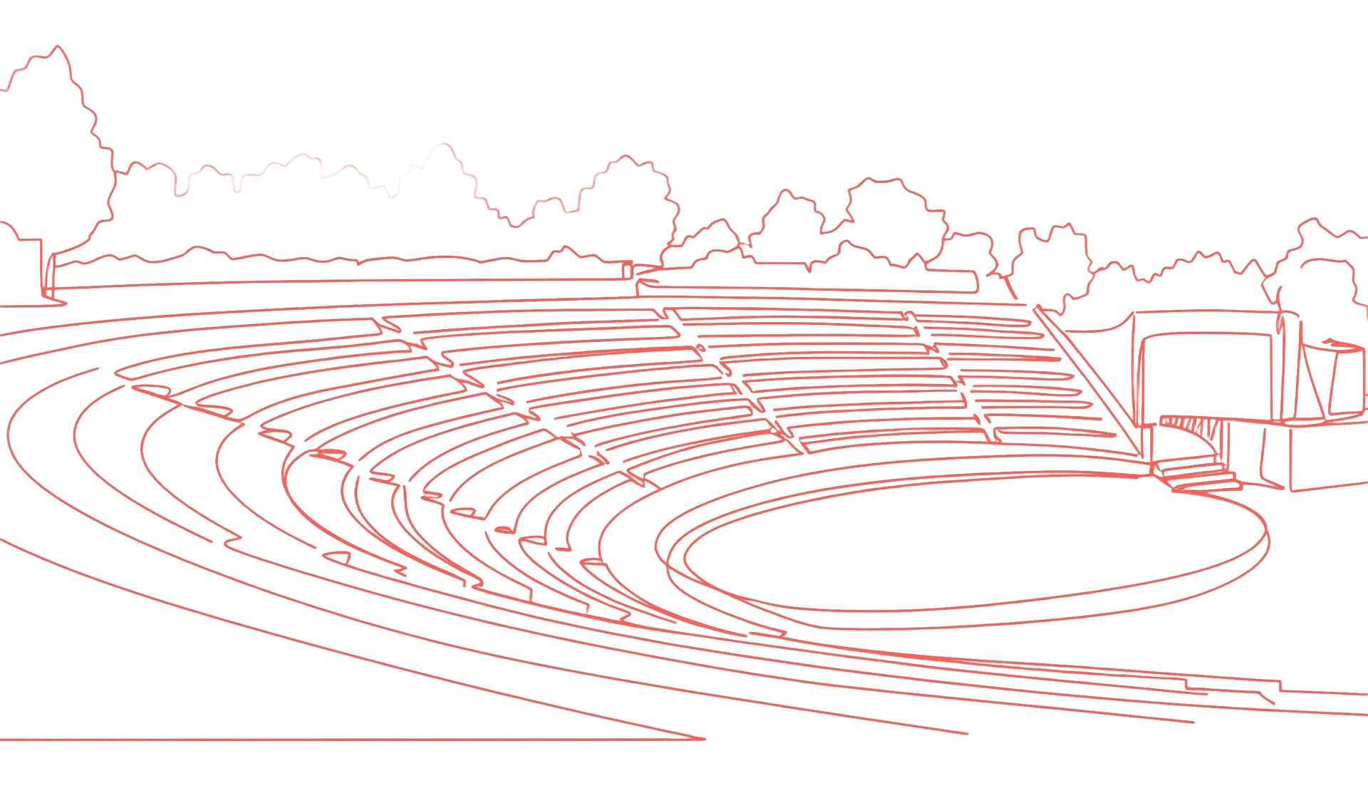 Red outline of an outdoor stadium with bleachers, track, and trees in the background.