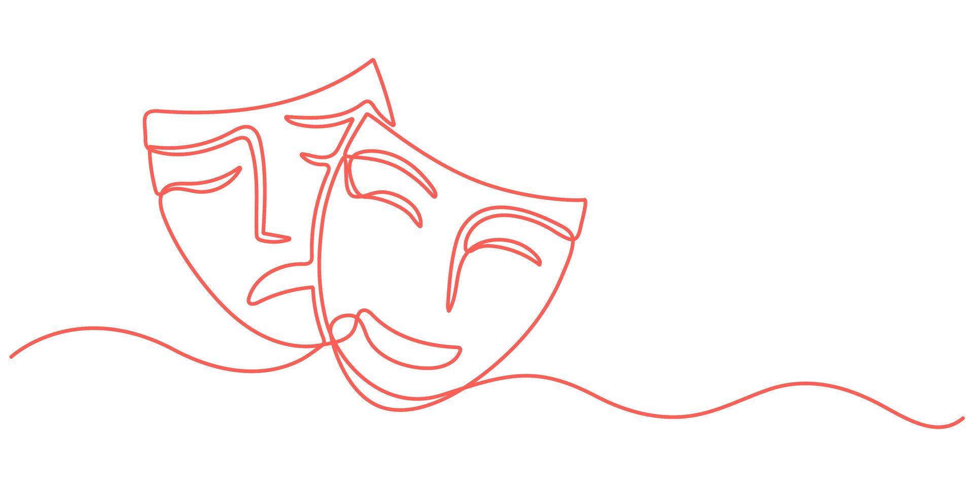 Two theater masks, one sad, one happy, outlined in orange.