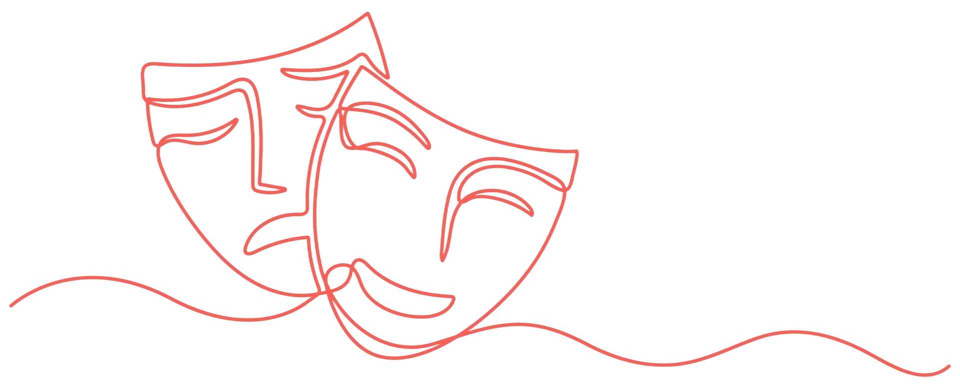 Two theater masks, one sad, one happy, outlined in orange.