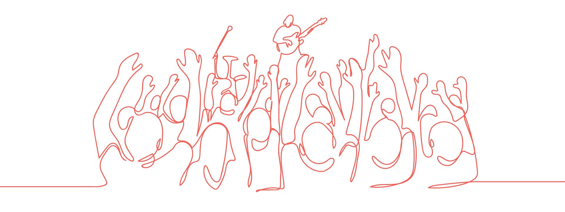 Line drawing of a crowd of people with musical instruments, arms raised.