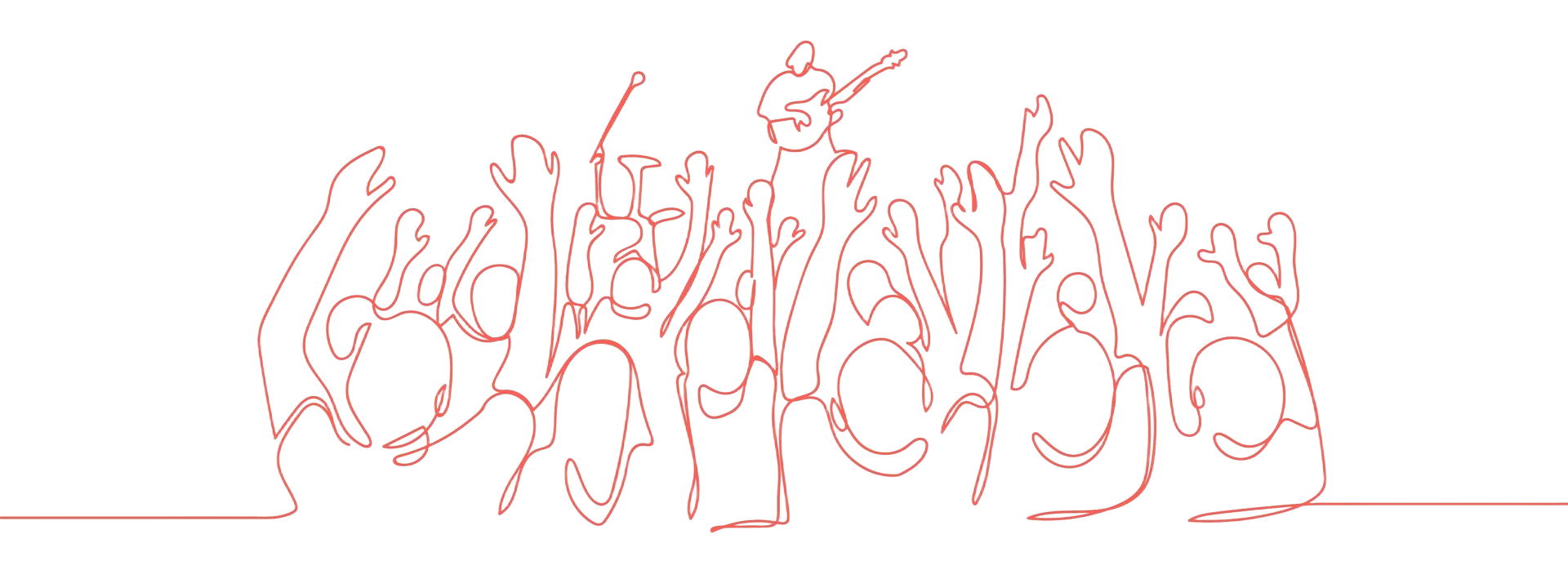 Line drawing of a crowd of people with musical instruments, arms raised.