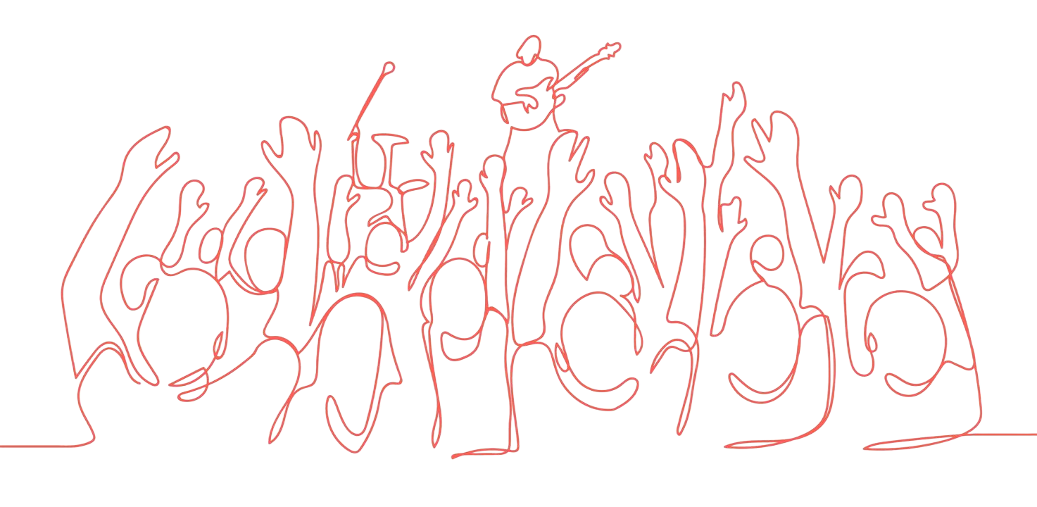 Line drawing of five people standing together, arms around each other.