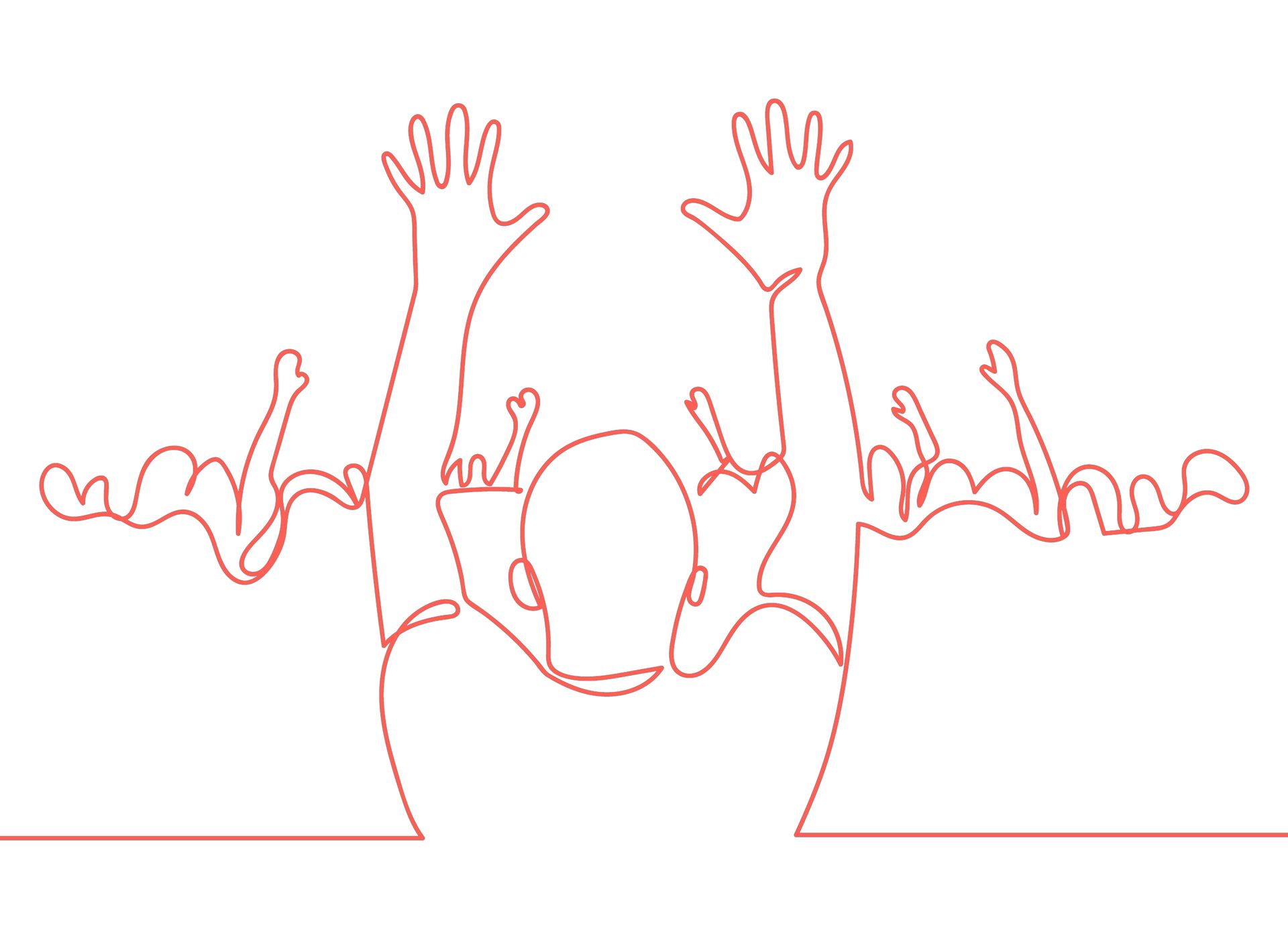 A crowd of people with arms raised in the air. Red outline on a white background.