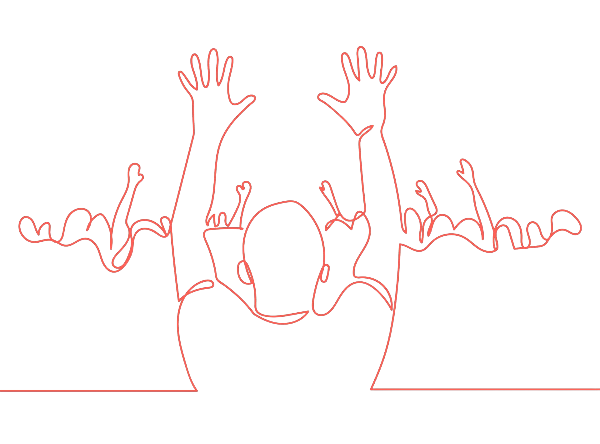 A crowd of people with arms raised in the air. Red outline on a white background.