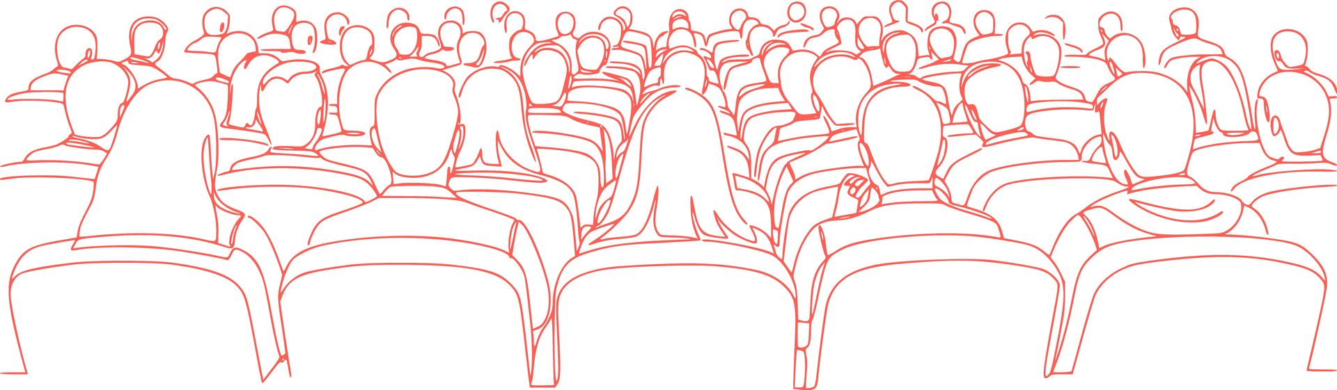 Crowd of people sitting at tables, outlined in reddish-brown.