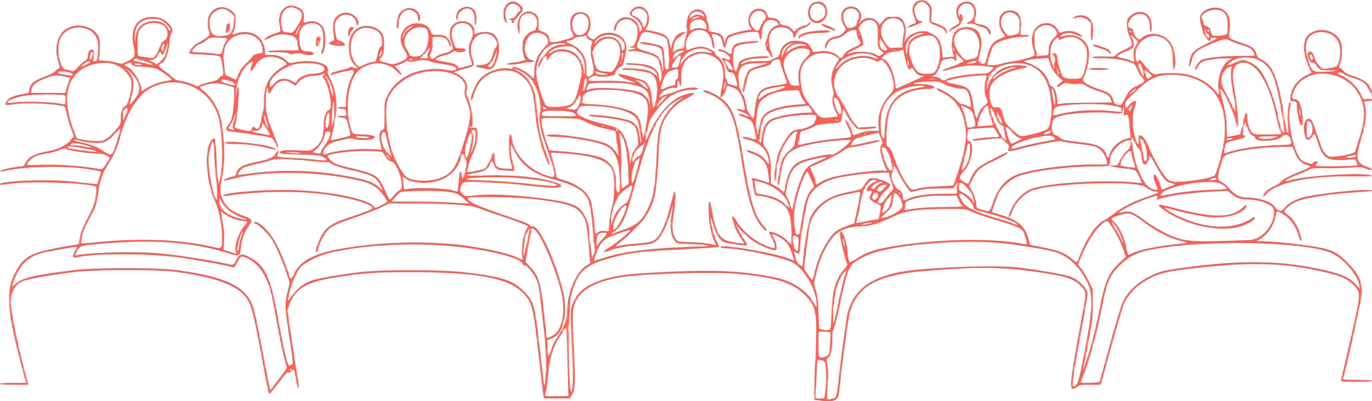 Crowd of people sitting at tables, outlined in reddish-brown.