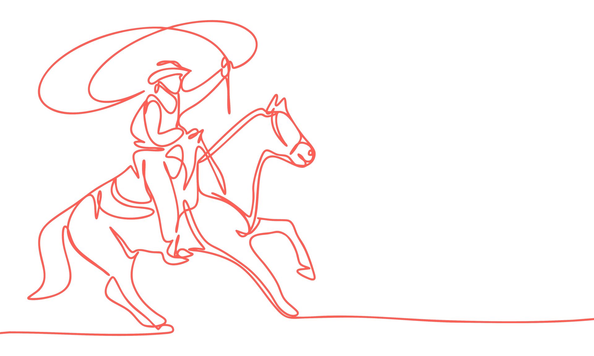 Cowboy on horseback, roping, with an orange outline on a white background.