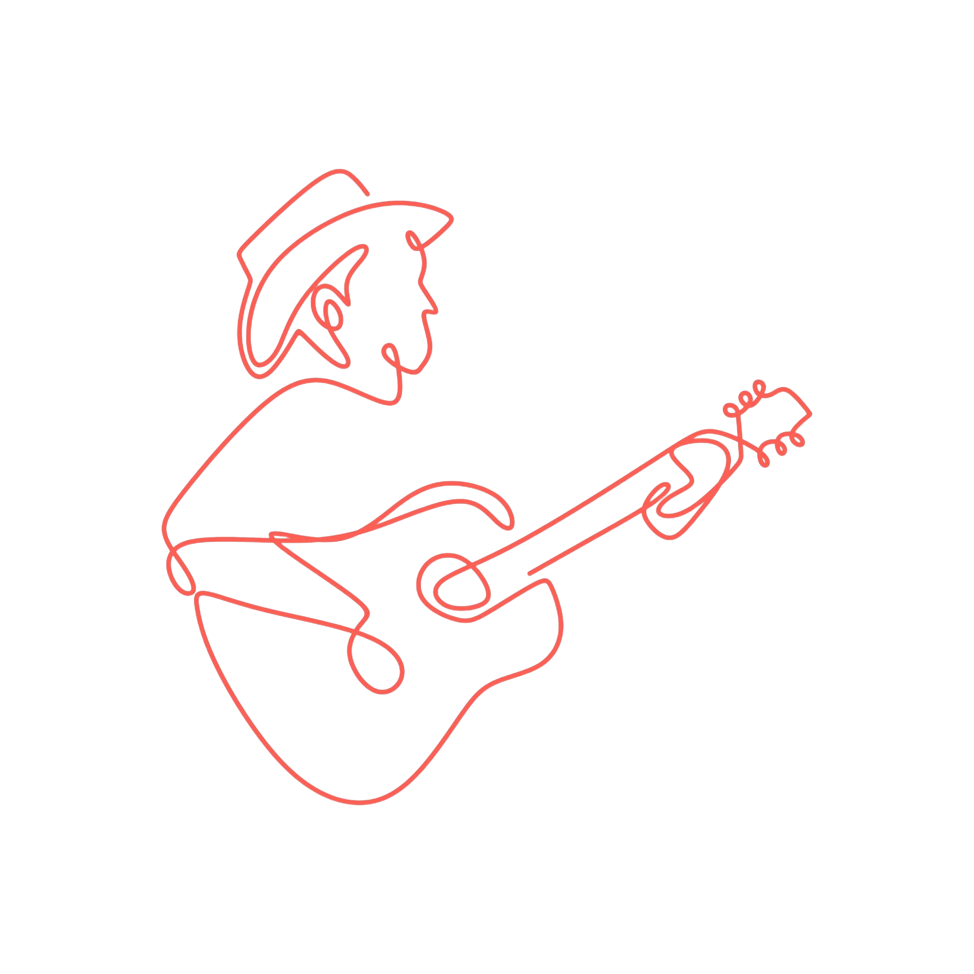 Line drawing of a person in a cowboy hat playing an acoustic guitar.