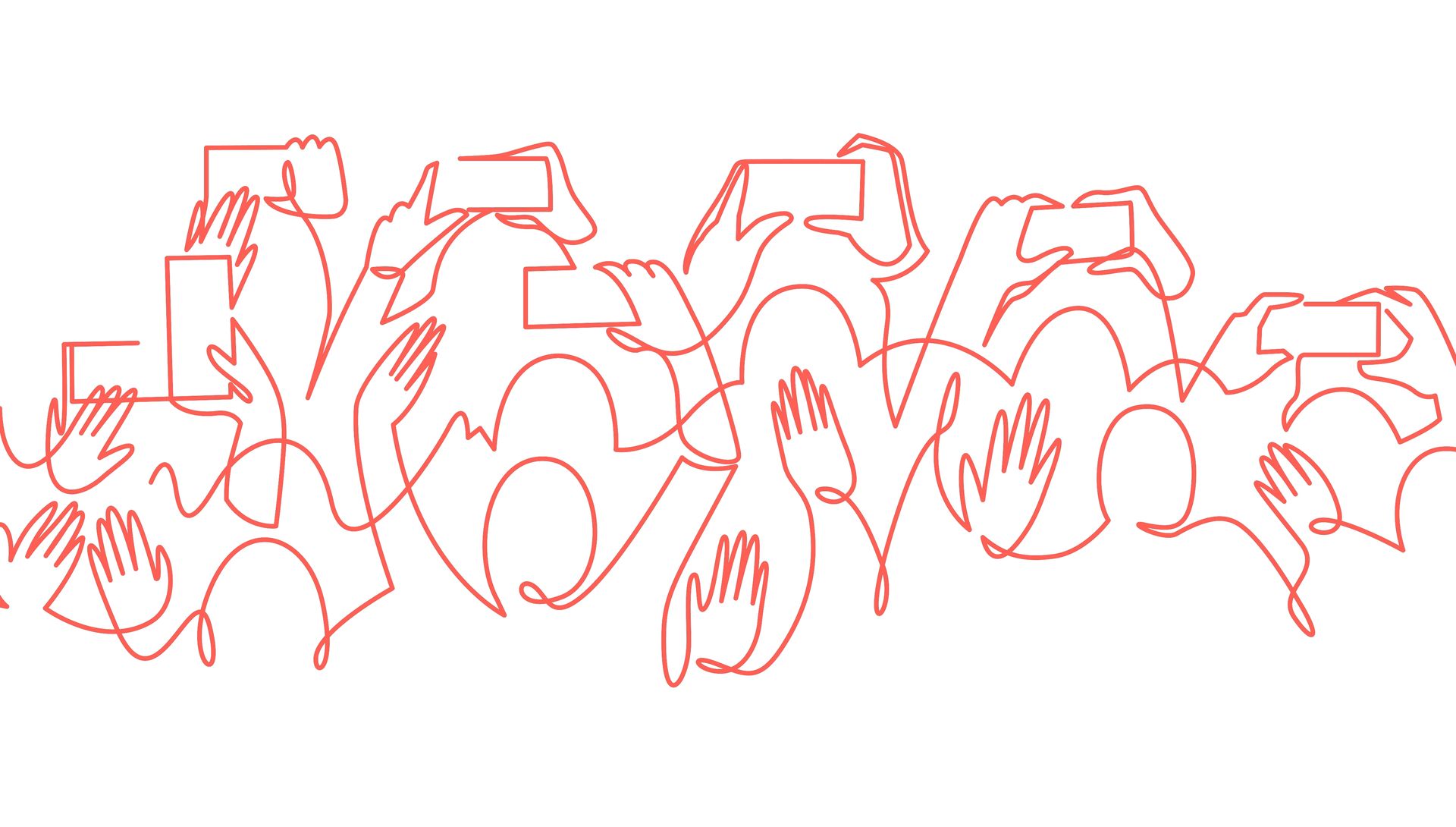 Red line drawing of a crowd of people holding up phones, arms outstretched.