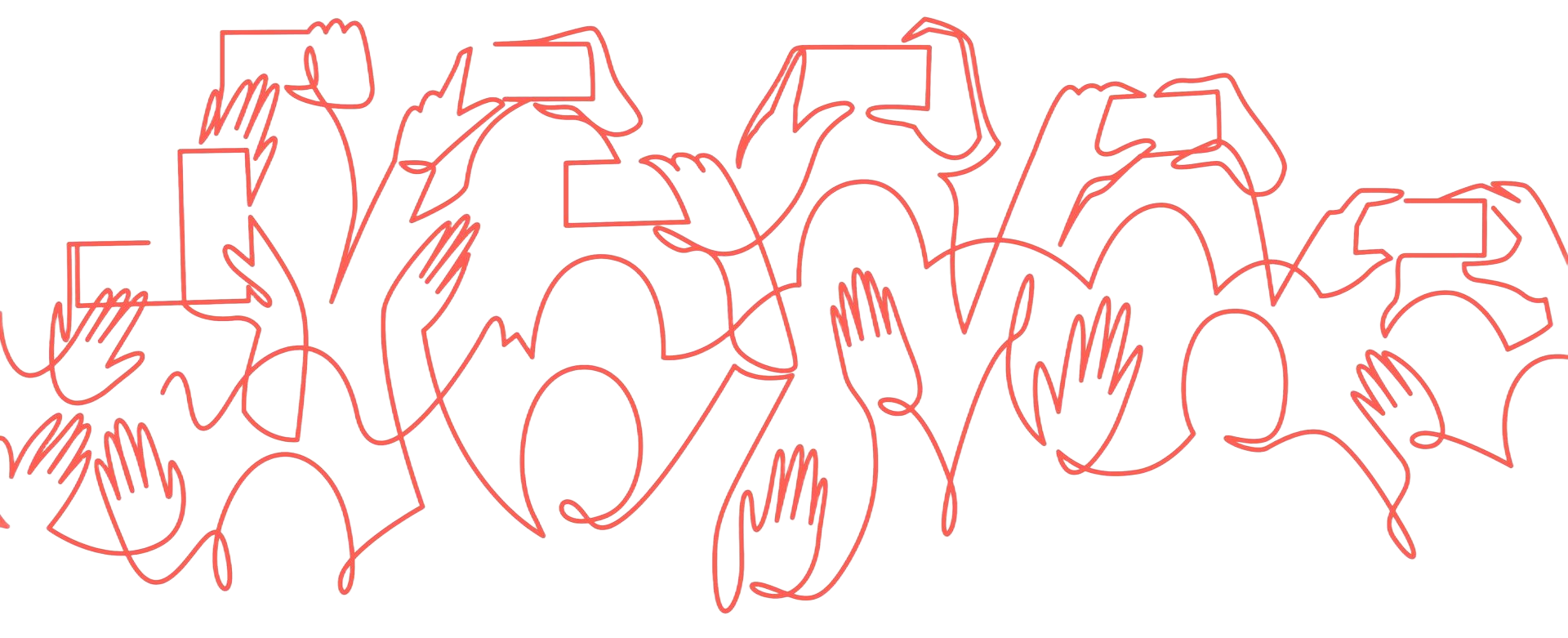 Red line drawing of a crowd of people holding up phones, arms outstretched.