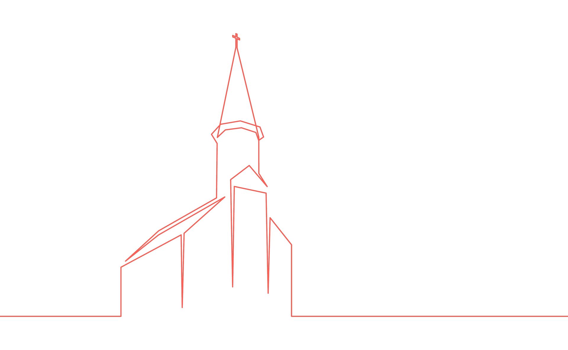 Outline of a red church building with a steeple on a white background.