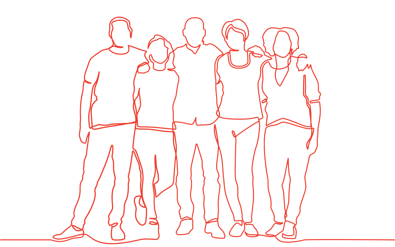 A line drawing of a group of people standing next to each other.