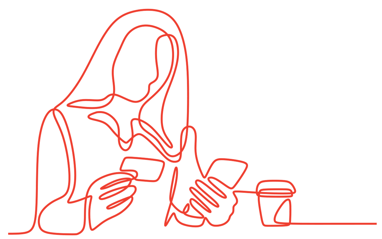 A continuous line drawing of a woman talking on a cell phone.