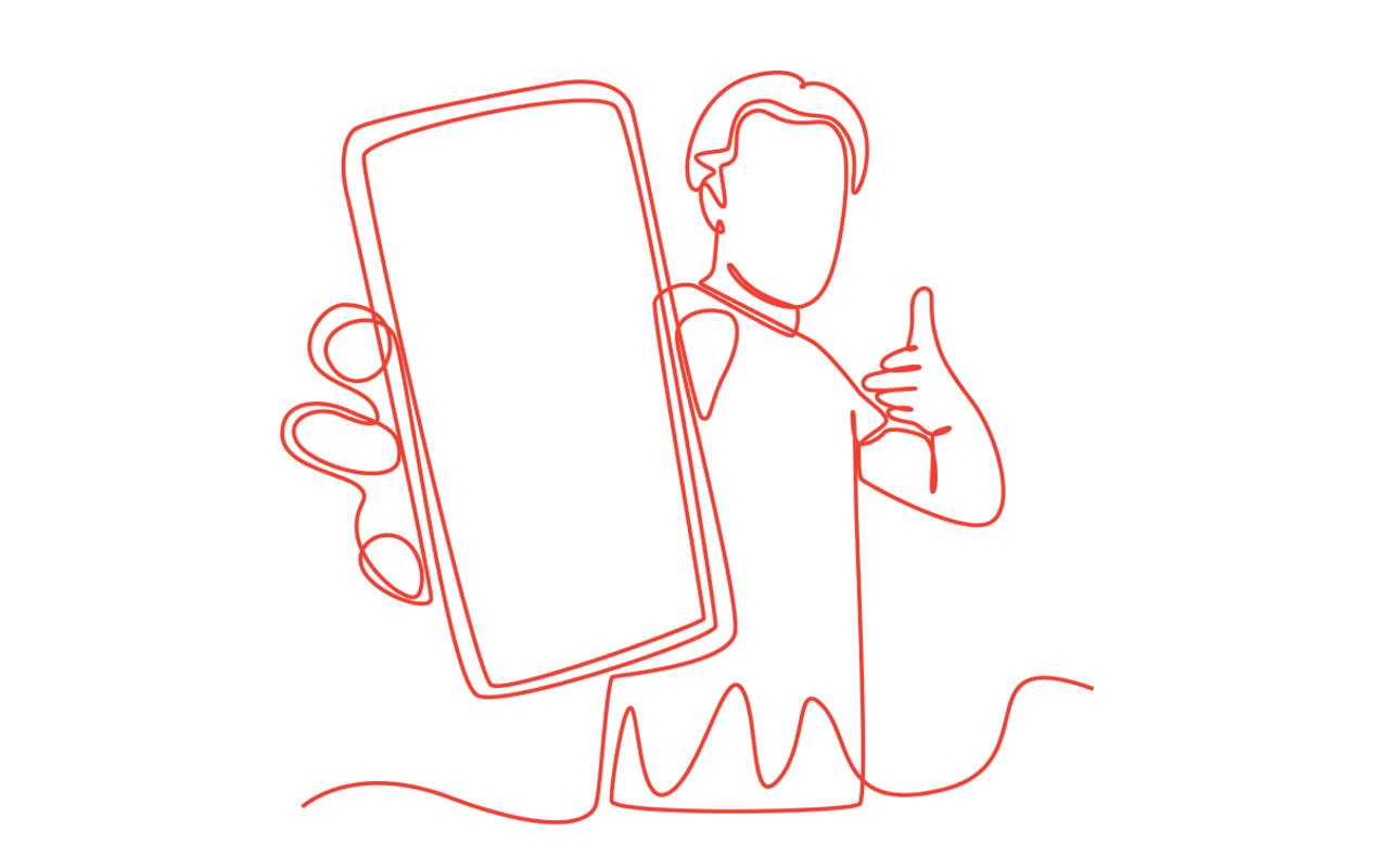 A continuous line drawing of a man holding a cell phone and giving a thumbs up.