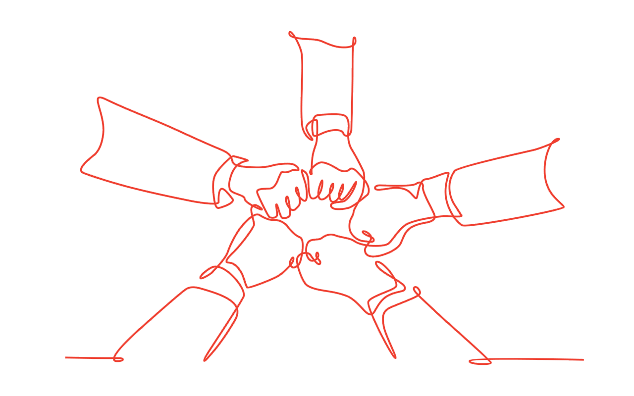 A group of people are shaking hands in a circle.