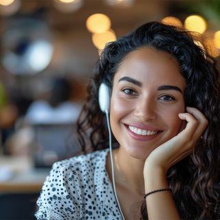 A woman wearing headphones is smiling for the camera