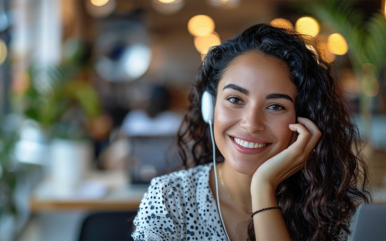 A woman is wearing headphones and smiling while listening to music.