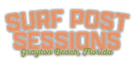 Surf Post Sessions logo, orange lettering with white shadow, says Grayton Beach, Florida in green.