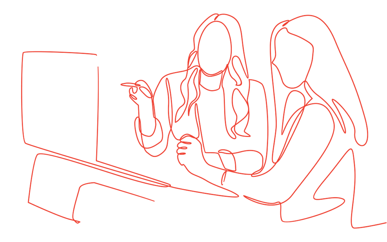 A line drawing of two women sitting in front of a computer.