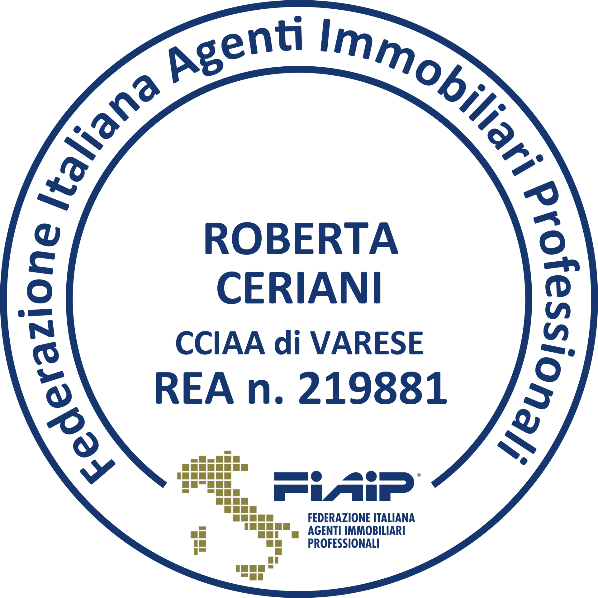 Timbro circolare con il nome di Roberta Ceriani e l'affiliazione: Federazione Italiana Agenti Immobiliari (FIAIP).