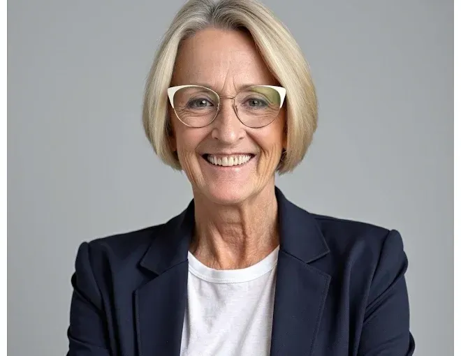 A person with blonde hair and glasses smiles while wearing a dark blazer over a white t-shirt against a grey background.