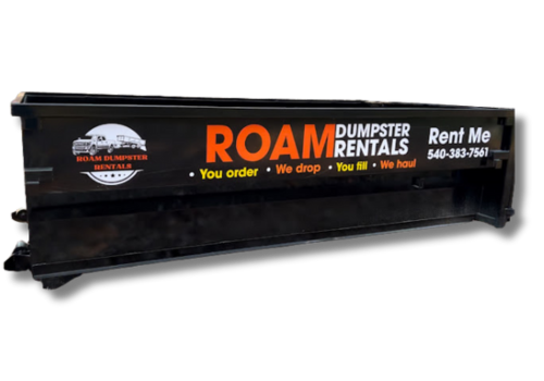 Large 15 yard black dumpster with 'ROAM' company logo on it.