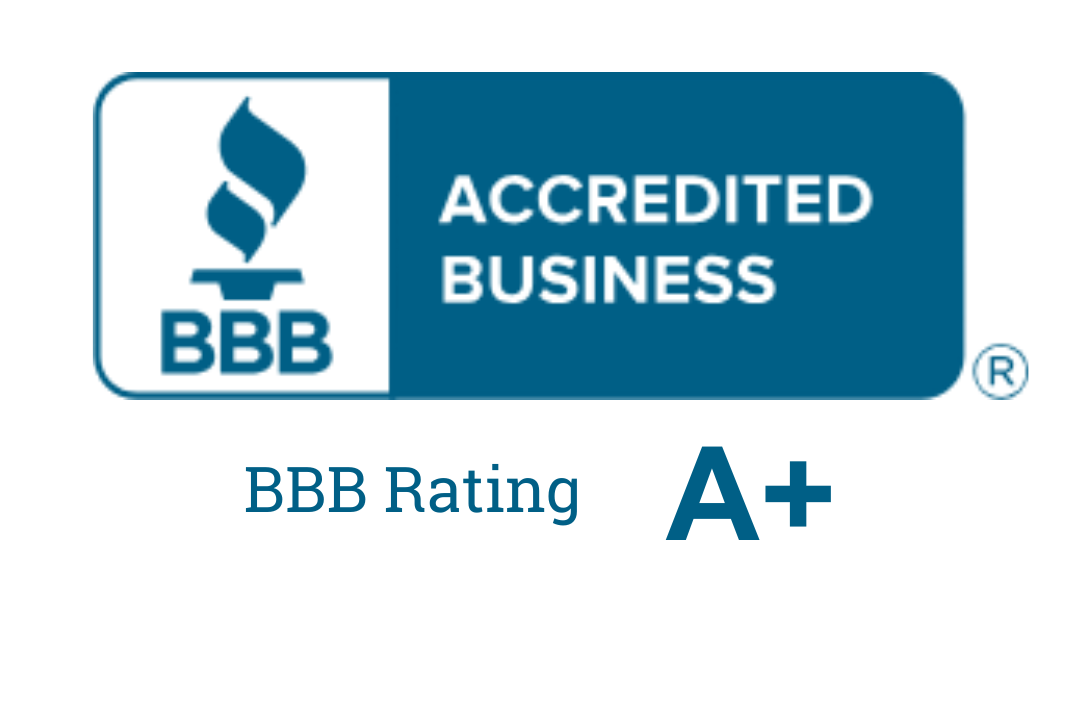A blue and white logo that says accredited business bbb rating a+