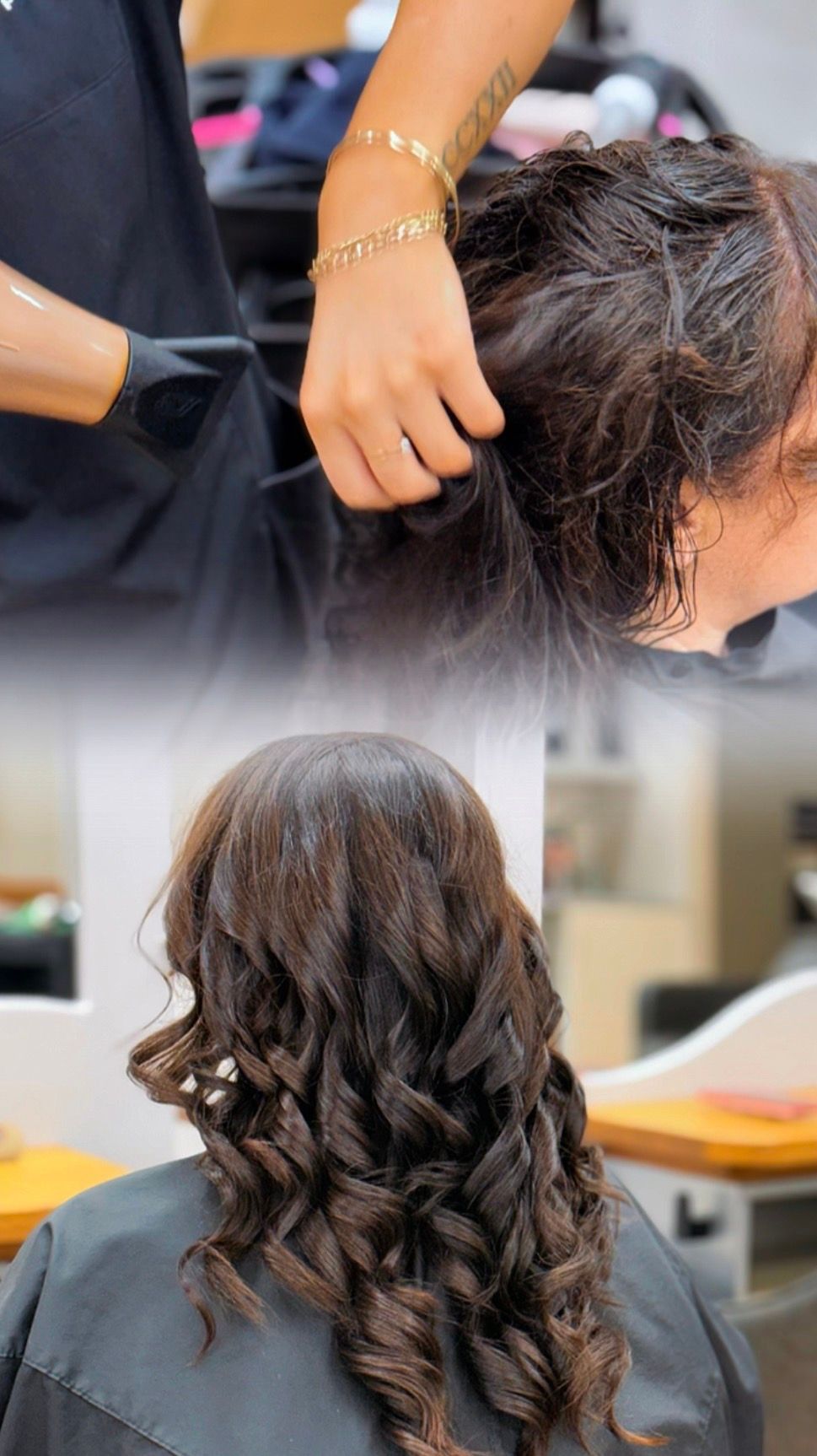 Hairstylist braiding dark hair into loose curls in a salon; finished curly hairstyle shown below