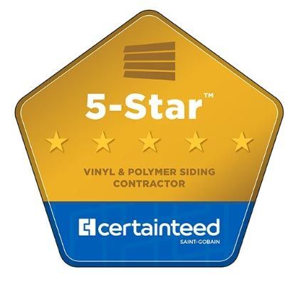 5-Star CertainTeed Vinyl & Polymer Siding Contractor badge in gold and blue with five stars.
