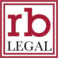 A red and white logo for rb legal