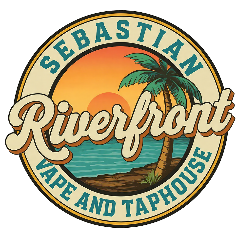Logo for Sebastian Riverfront Vape and Taphouse: sunset, palm tree, and water.