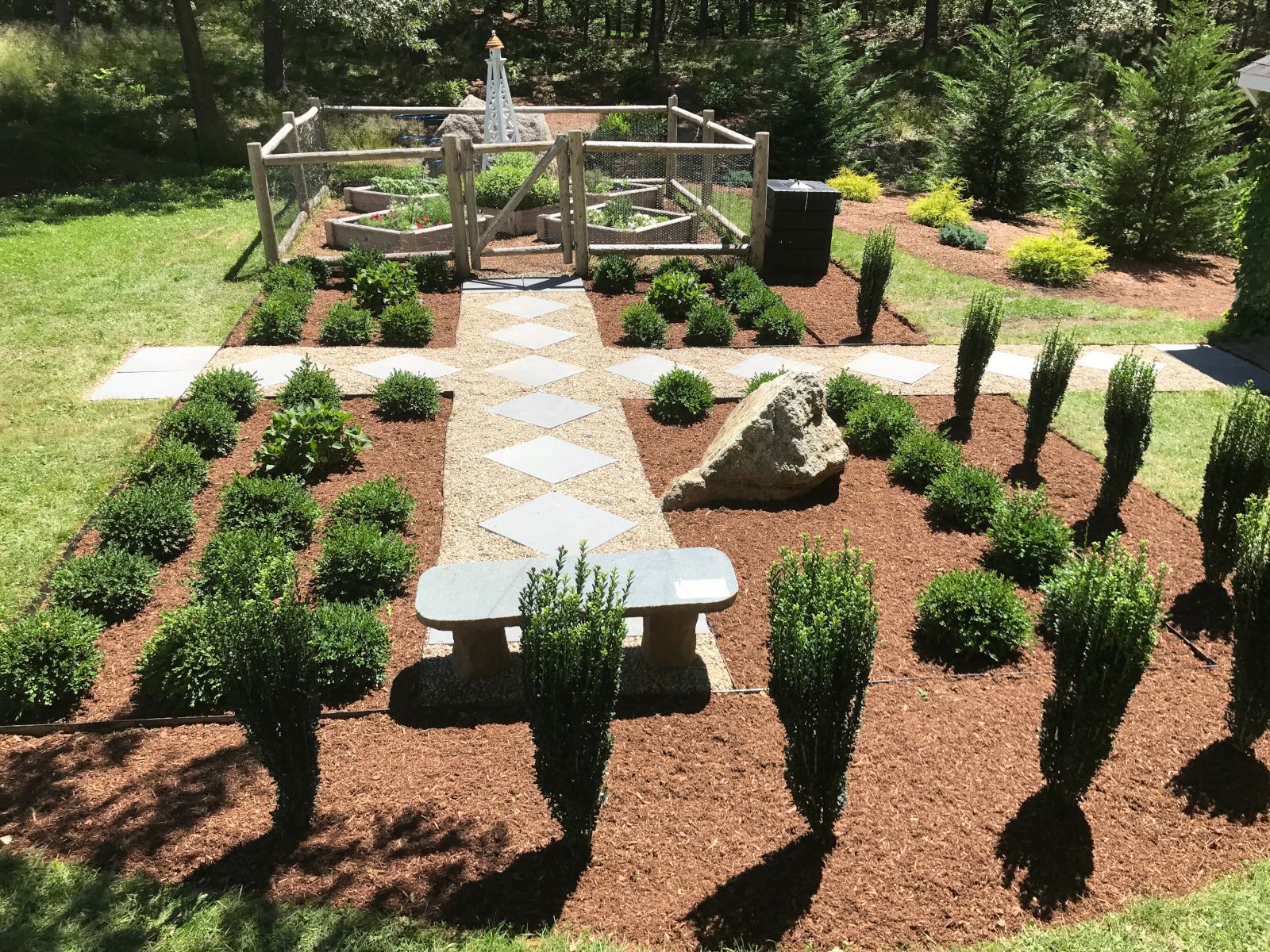 A formal garden with a stone path, small shrubs, a bench, and a fenced vegetable patch in a sunlit backyard.