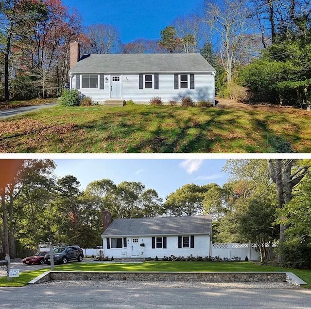 Before and after photos of a white house showing landscaping upgrades, a new stone retaining wall, and a green lawn.