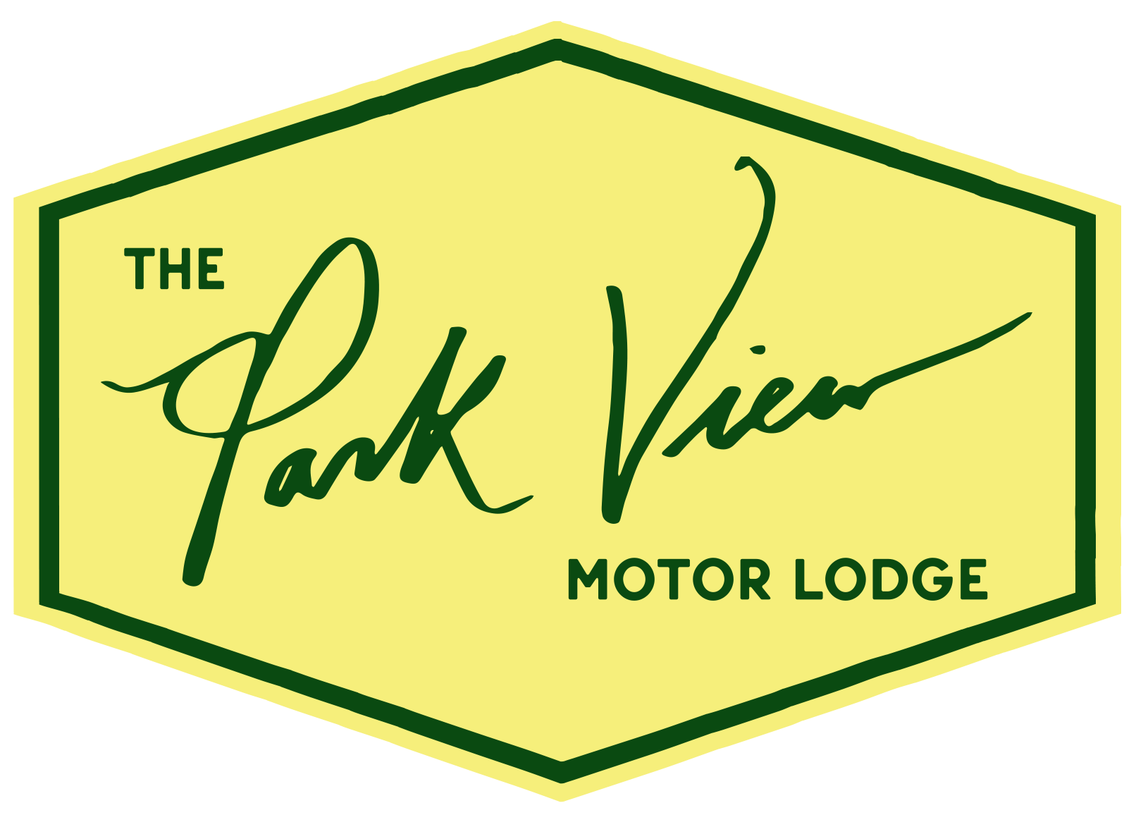 Logo for The Park View Motor Lodge in a yellow hexagon with green trim, dark green script.