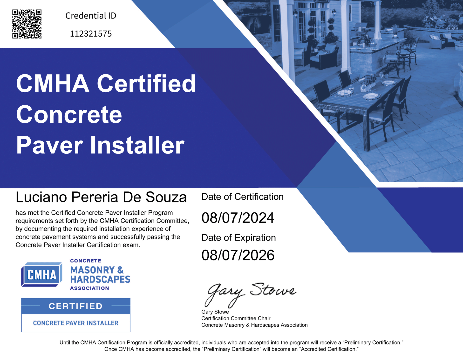 CMHA Certified Concrete Paver Installer certificate. Features name, dates, and Masonry & Hardscapes logo.