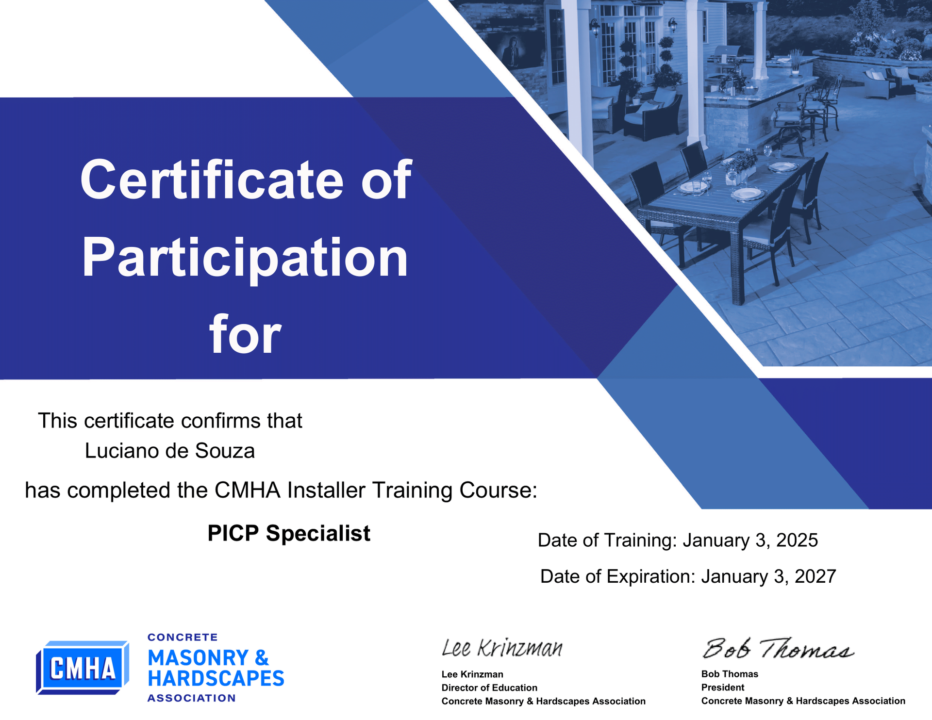 Certificate of Participation for Luciano de Souza in a CMHA training course.