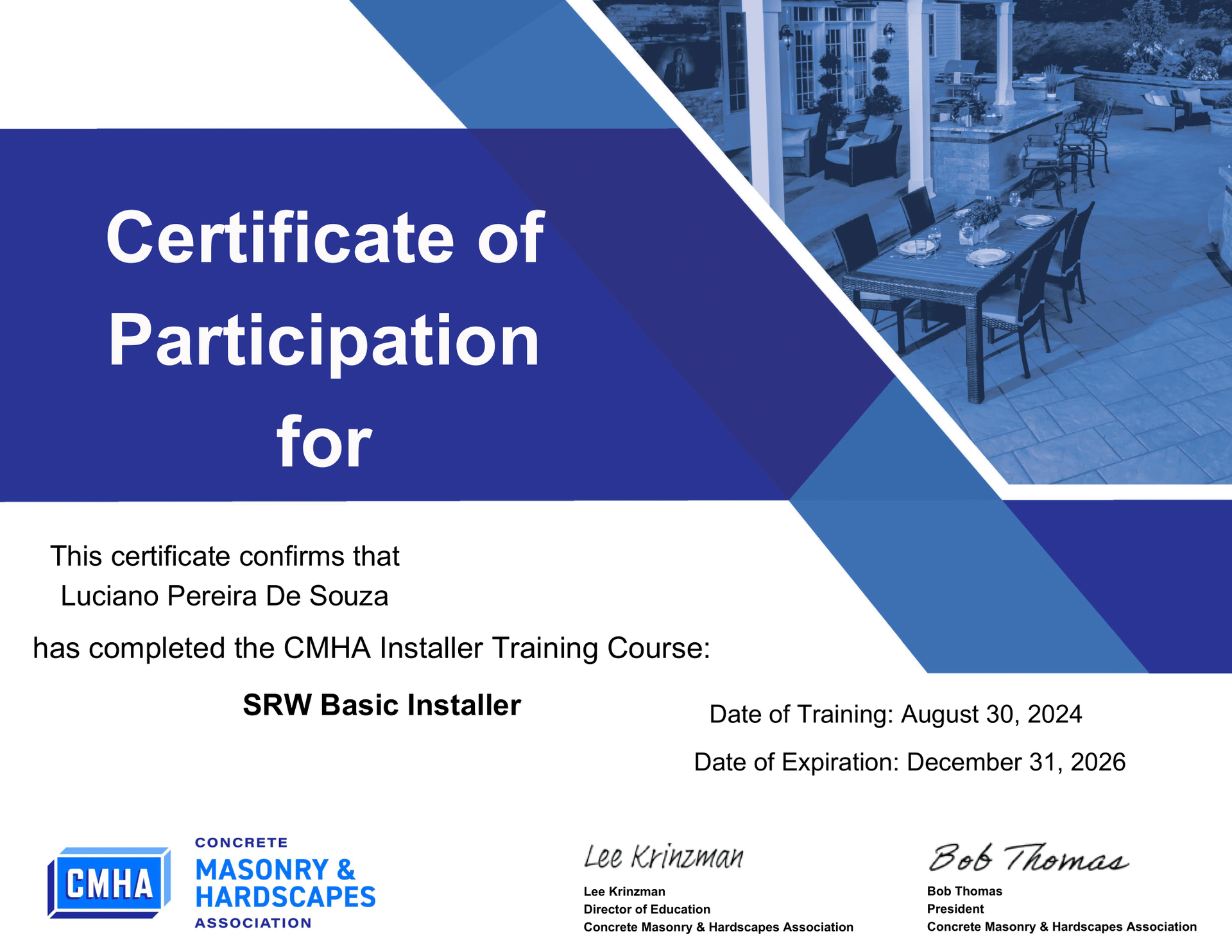 Certificate of participation for Luciano Pereira De Souza, August 30, 2024, CMHA Basic Installer Training Course.