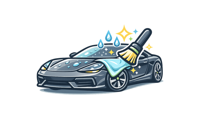 Cartoon sports car being washed and polished with soap bubbles and a brush
