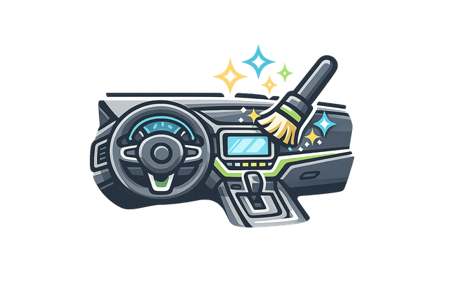 Illustrated car dashboard being cleaned with a brush, with sparkles indicating a polished finish